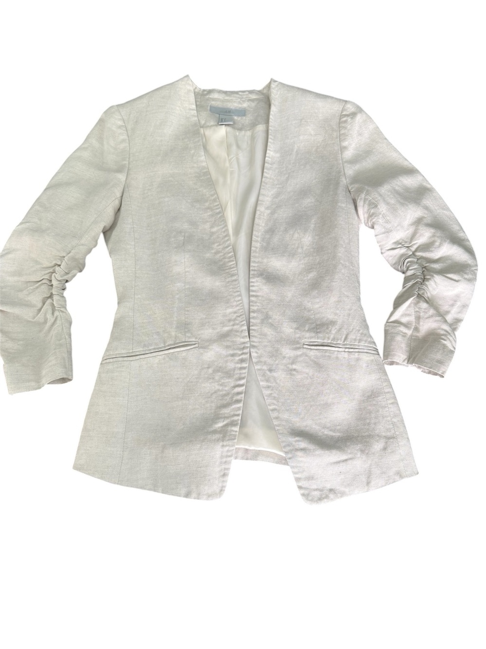 H&M Women’s Cream Linen Blend  Open-Front Blazer with Ruched 3/4 Sleeves. XS